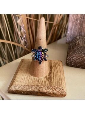 Turtle Dichroic Glass Sterling Silver Ring Size 8